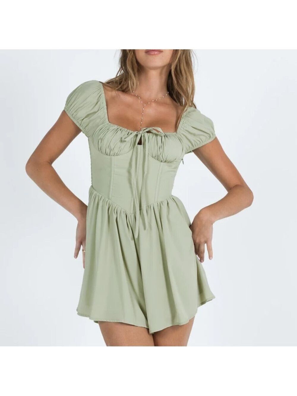 Princess Polly Alessandra Sage corset puff sleeve off the shoulder Romper 4